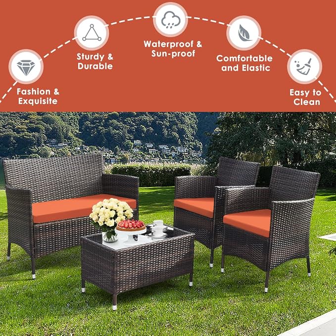 4 Pieces Patio Sofa Set, Wicker Conversation Set with Ergonomic Curved Backrest, Patio Rattan Furniture Set with Water-Resistant Cushion & Tempered Glass Table for Balcony, Porch (Orange)
