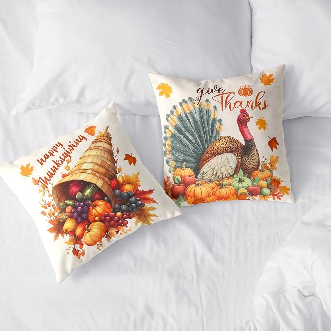 Set of 2 Thanksgiving Throw Pillow Covers 22x22 Turkey with Autumn Pumpkin Pillow Covers Fall Harvest Pillow Case Square Cushion Case for Living Room Couch