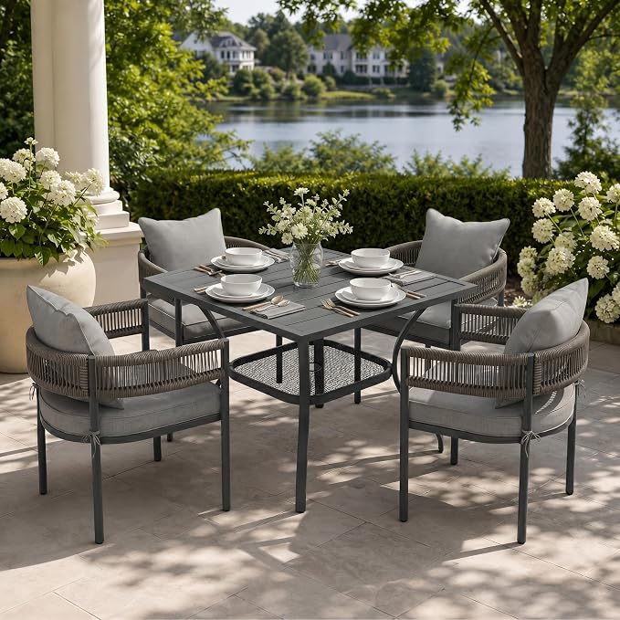 VICLLAX Patio Dining Set, 37.8" Black Table & 4 Chairs with Grey Cushion | Outdoor Table and Chairs Set of Square Metal Patio Table, Outdoor Dining Chairs with Metal Frame, Garden Deck Porch