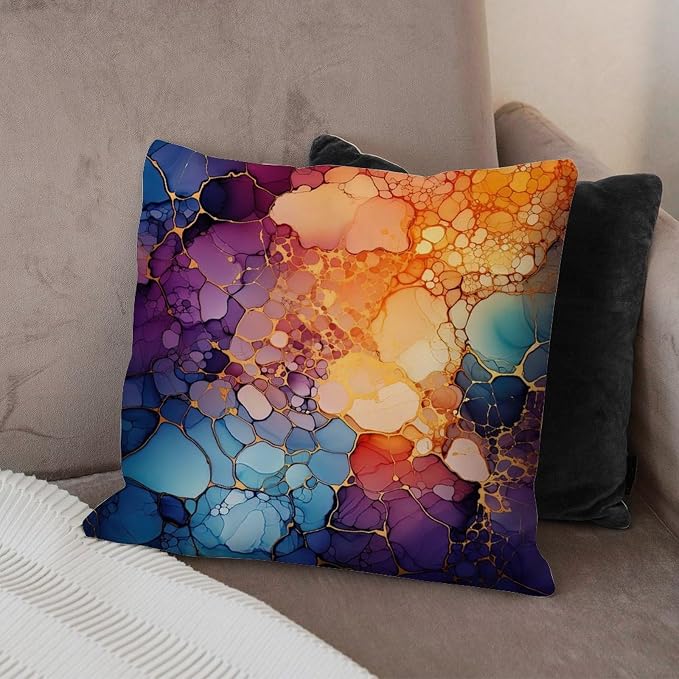 Pillow Cover Ink Rainbow Shapes with Gold Cushion Cover Retro Abstract Alcohol Ink Textures Pillow Cover Accent Throw Pillow Covers Farmhouse Decorative for Patio Couch Bench 20x20 in