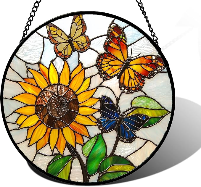 DASTOLL Stained Glass Window Hanging, Butterfly and Sunflowers Sun Catchers Glass Panel Plant Insects Suncatcher Decor for Birthday for Women, Men, Wife, Aunt, and Mom 6.3 in