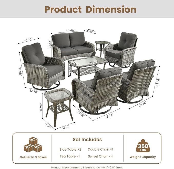 8 Pieces Outdoor Patio Furniture Set with Coffee Table, All Weather Wicker Patio Conversation Sets with Rocking Chairs, Balcony Furniture Sets for Backyard, Garden, Poolside, Black