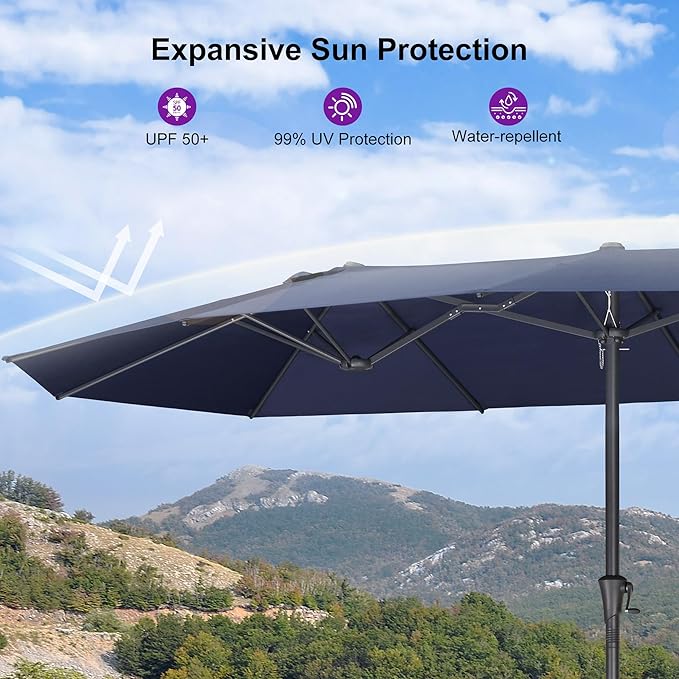 PURPLE LEAF 14ft Patio Market Umbrella Outdoor Double-Sided Umbrella with Base and Crank Rectangle Table Umbrella for Pool Deck Garden, Navy blue