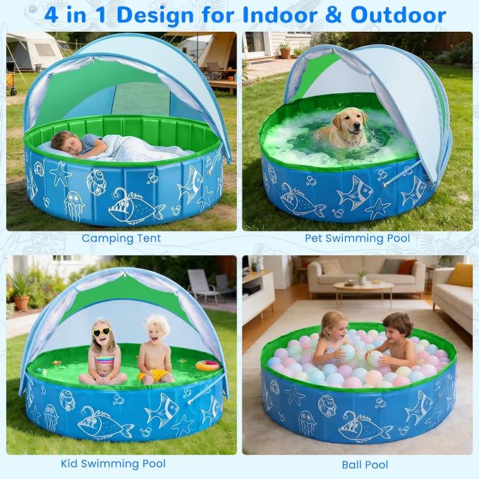 Foldable Kiddie Pool with Canopy, 47in Baby Pool with Detachable UPF 50+ Sunshade, Portable Non-Slip Swimming Pool Dog Pool for Backyard, Beach, Outdoor Summer Water Play