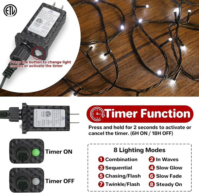 264FT 800 LED Christmas Lights with Timer, Twinkle Fairy Lights String with 8 Flashing Modes String Lights for Indoor Bedroom Outdoor Christmas Trees Garland Wreath Holiday Decorations, Cool White