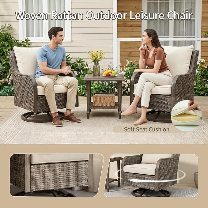Swivel PE Wicker Chair, Outdoor Patio Chair with 360° Rotation & Water-Resistant Cushion for Porch, Deck, Balcony – All-Weather Handwoven Design (Beige, 2 -PCS)