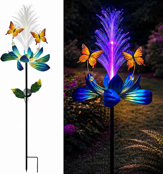 Solar Wind Spinner Outdoor, 49" Lotus Flower & Butterfly Metal Wind Spinner with Color-Changing Fiber Optic Solar Lights, Kinetic Garden Windmill Yard Art for Lawn Patio Pathway Decor
