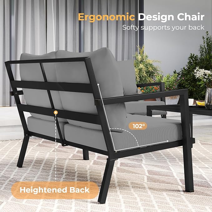 HAPPATIO Aluminum Patio Furniture Set, 4 Pieces Conversation Set with Thick Cushions and Coffee Table, All Weather 3-Seat Sofa Waterproof and Rustproof for Garden, Backyard, Porch, Black