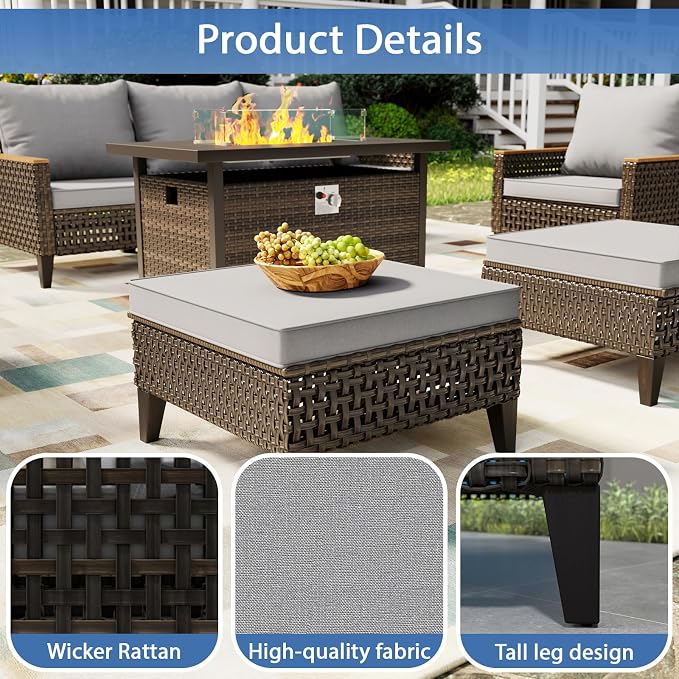 8Piece Patio Furniture Set with 50000 BTU Propane Fire Pit Table, All-Weather Wicker Rattan Outdoor Sectional Sofa Set with High Back and Thick Cushions for Garden, Porch, Poolside, Grey
