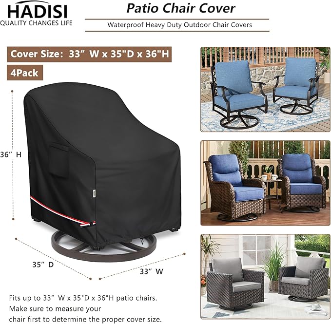 Patio Chair Covers for Outdoor Furniture Waterproof 4 Pack, Heavy Duty Waterproof Outdoor Swivel Chair Cover (33"W x35"D x36"H - Black)