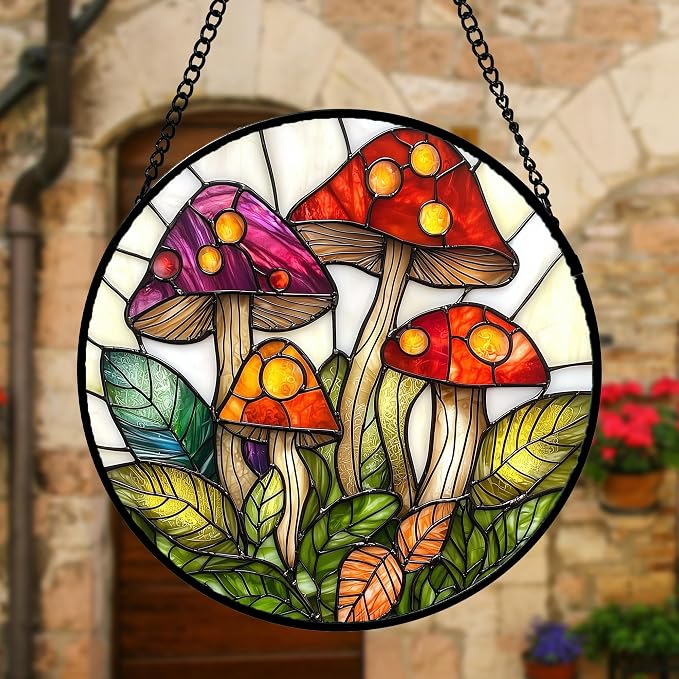 DASTOLL Stained Glass Window Hanging, Mushroom Leaves Suncatcher for Doors Home Sun Catchers Decoration and Christmas, Mother's Day Birthday Gifts for Women, Men, and Mom 11.8x11.8 in
