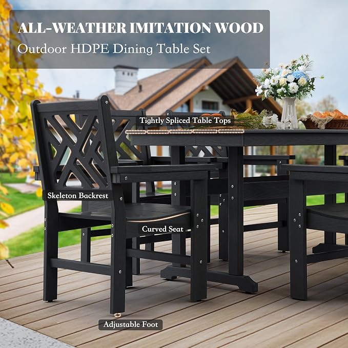 HDPE Dining Table Set for 4,5-Piece Outdoor Table and Chairs Include 4 Dining Chairs and 62.5" Patio Dining Table with Umbrella Hole (Black)