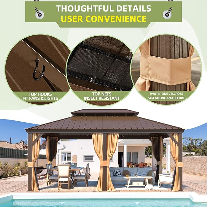 YOLENY 12'x18' Hardtop Gazebo,Galvanized Steel Metal Double Roof Gazebos with Curtain and Netting, Brown Permanent Pavilion Canopy with Aluminum Frame for Patios,Gardens,Lawns