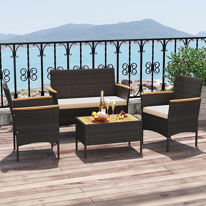 Tangkula 4 Pieces Patio Wicker Sofa Set, 2 Rattan Chairs & Loveseat w/Coffee Table, Acacia Wood Armrests & Tabletop, Outdoor Cushioned Conversation Set for Backyard, Poolside (Beige, 4 Pieces)