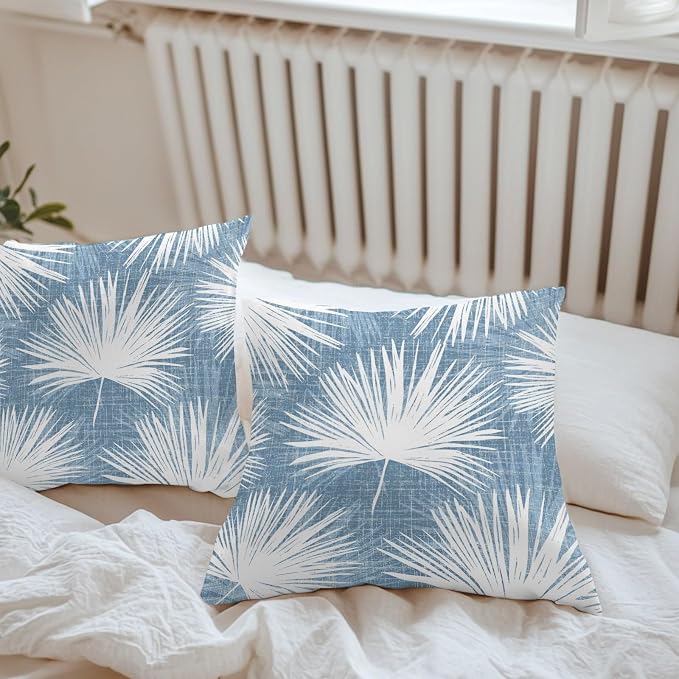 Throw Pillow Covers 24x24 Inch Set of 2, Hazy Blue Palm Leaves Coastal Waterproof Outdoor Pillow Covers, Summer Tropical Botanical Decorative Cushion Pillowcases for Couch, Sofa, Bed, Garden, Patio
