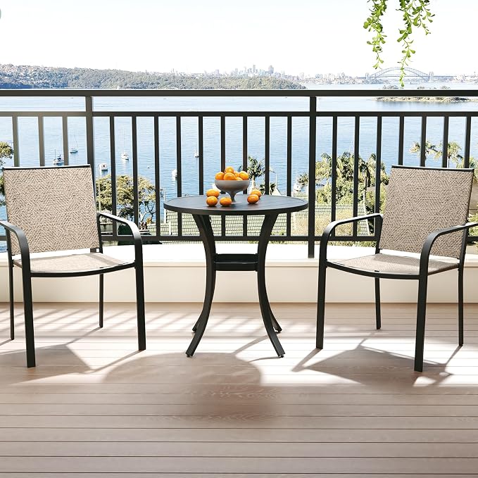 Anmutig 3-Piece Outdoor Dining Set, Small Metal Bistro Table with 2 Stackable Sling Chairs, 27.5 x 27.5 Inch Round Table, White Fabric
