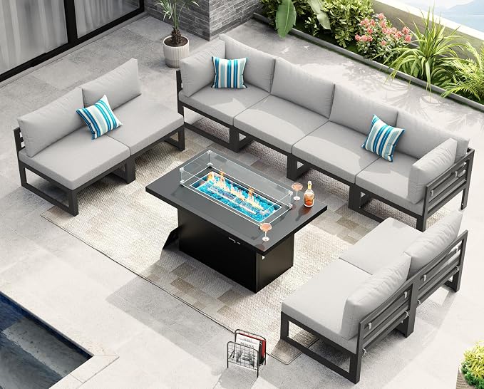 NICESOUL 9 Piece Modern Aluminum Patio Furniture Set with Fire Pit Table, 500 lbs Heavy Duty Outdoor Sectional Sofa, 29" Deep Wide Oversized Seating L Shaped Conversation Couch for Garden, Light Gray