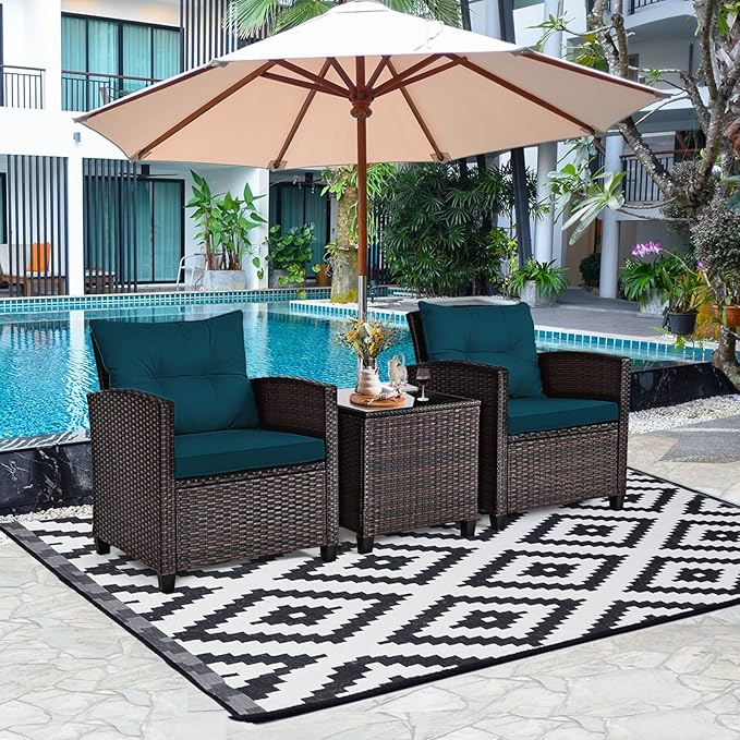 3-Pieces Patio Furniture Set, PE Wicker Chairs Sofa Set with Removable Cushions & Glass Top Side Table, Outdoor Wicker Rattan Conversation Chair for Porch,Backyard, Balcony (Peacock Blue)