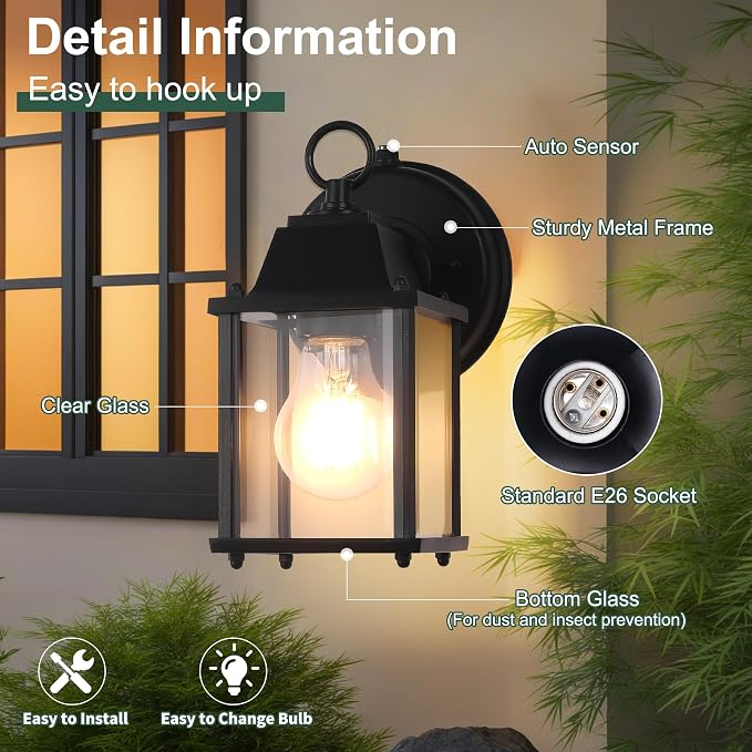 Dawn to Dusk Sensor Outdoor Wall Light Fixtures Waterproof Porch Lights Anti-Rust Black Exterior Lighting Fixtures Outdoor Wall Lantern for House