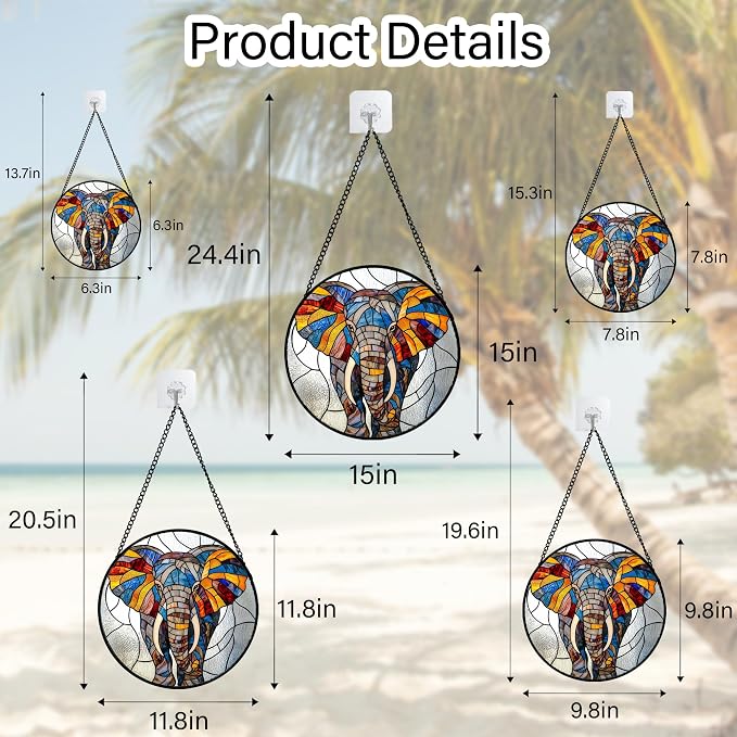 Stained Glass Window Hanging, Colorful Elephant Sun Catcher for Door Home Decor Animal Suncatcher Christmas Mother's Day Birthday Gifts for Women Men Mom and Nana 15 in