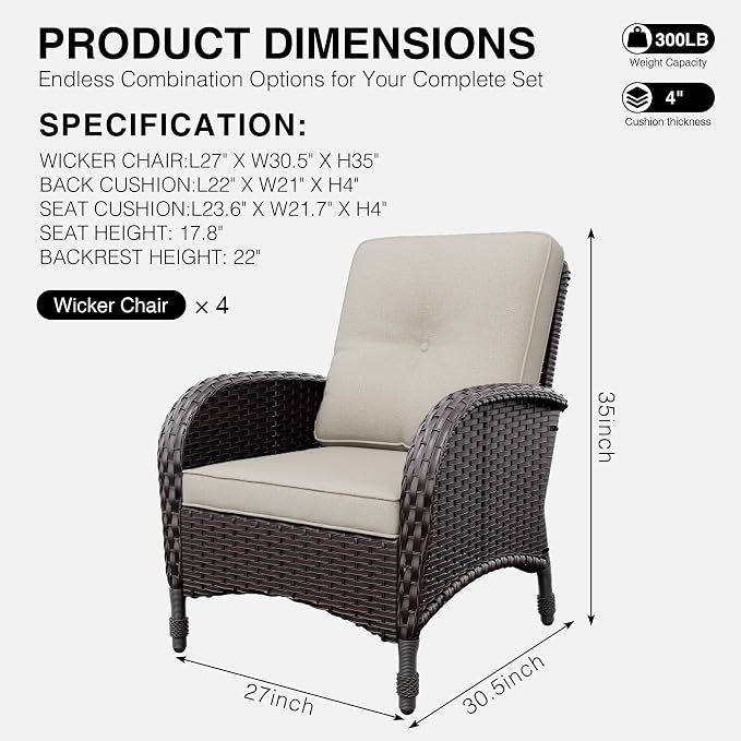 Joyside Wicker Patio Chairs, 4 Piece Rattan Outdoor Furniture with Thickened Cushions, High Back, Deep Seating, Wide Armrest, Outdoor Chairs for Porch, Deck
