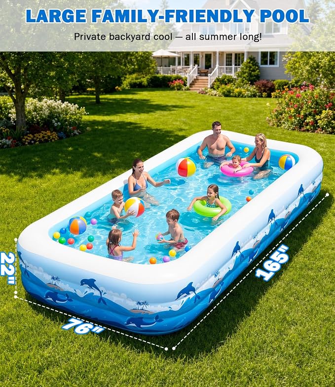 165"x76"x22" Inflatable Pool with Electric Pump, Large Blow Up Family Swimming Pool for Adults & Kids, Thickened Heavy Duty Backyard Water Party Pool