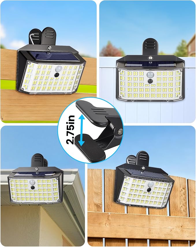 LUHLEE 176LED Clip on Solar Lights Outdoor, 600LM Solar Motion Lights Outdoor with 180° Wide Angle, IP65 Waterproof Portable Solar Fence Lights Outdoor for Fence, Gutter, Garden, Camping, Patio 4Pack
