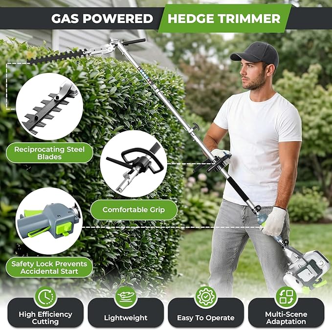 52CC Gas Powered Weed Wacker, 3-in-1 2-Stroke Backpack Gas Powered Hedge Trimmer, Weed Eater String Trimmer, Brush Cutter 40-Tooth Blade with Shoulder Strap & Safety Lock for Garden, Yard