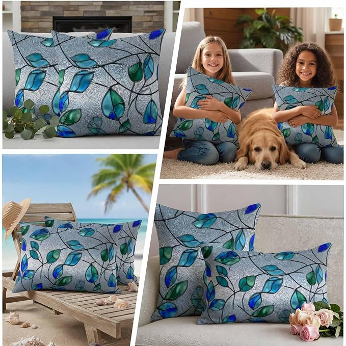 Glass Leaves Outdoor Waterproof Pillow Covers Set of 2, Abstract Blue Green Ombre Leaf Glass Splicing Pillowcase Decorative Throw Cushion Cases for Patio Garden Couch 26 x 26 Inches