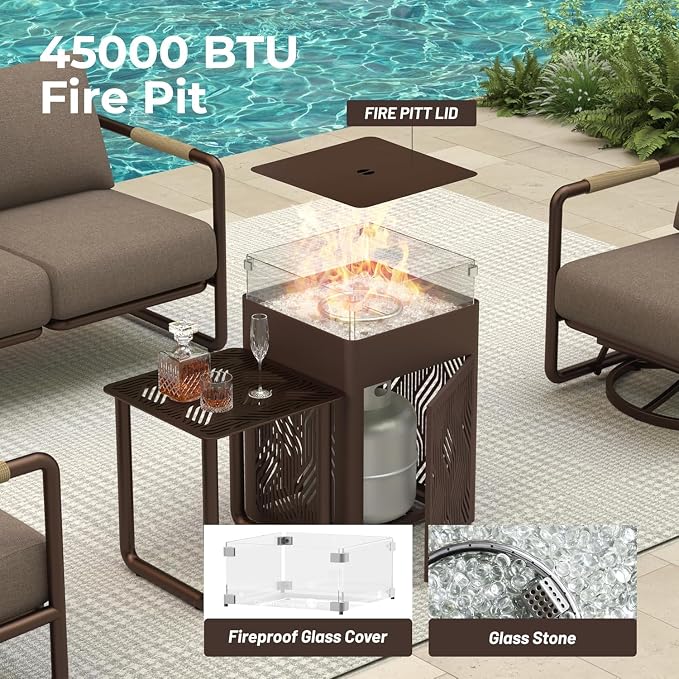 4-Seat Outdoor Aluminum Patio Set with 45,000 BTU Fire Pit Table, 6.5" Thick Cushions & Wide Seating, All-Weather for Pool, Balcony, Garden, Brown