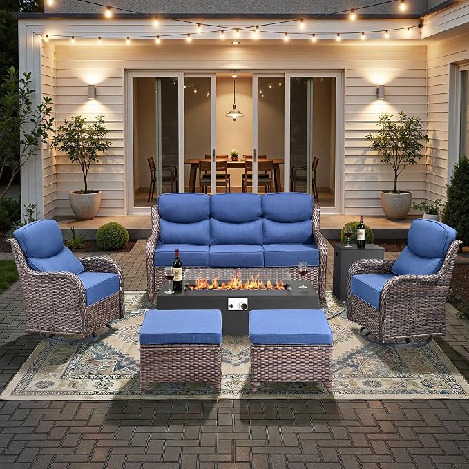 HUMMUH Luxury Patio Furniture Set 6-inch Thick Cushions High Back Swivel Rocker Chairs & 3 Seater-Couch & Steel Fire Pit Table 7 Pieces Outdoor Conversation Set for Porch,Deck,Backyard