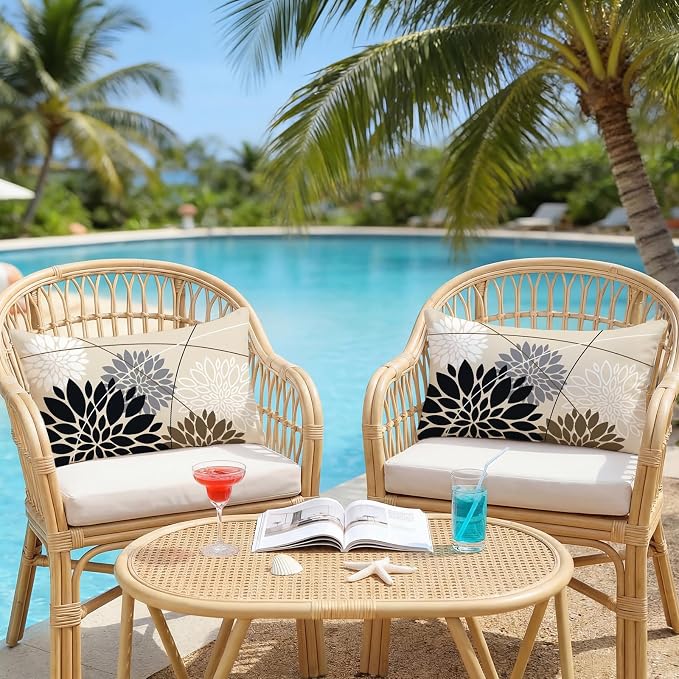 OTOSTAR Outdoor Black Gray Pillow Covers 16x24 Inch Set of 2 White Flower Throw Pillows Farmhouse Geometric Dahlia Floral Lumbar Cushion Case Waterproof Decor for Sofa Patio Funiture Garden