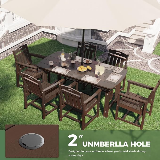 Outdoor Rectangle Dining Table, Heavy-Duty HDPE Table for 6, Weatherproof Patio Table with Umbrella Hole, Rounded Corners for Safety, Brown