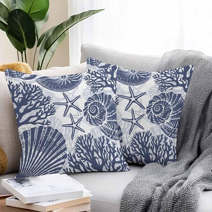 Outdoor Pillow Covers 18x18 Inch Set of 2, Navy Blue Coastal Waterproof Throw Pillow Covers, Beach Starfish Nautical Coral Shell Summer Decorative Cushion Pillowcases for Couch Sofa Bed Garden Patio