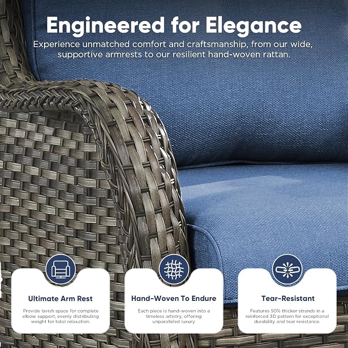 Belord 4 Piece Patio Wicker Furniture Set, Outdoor Swivel Rocker Chairs, All Weather Outdoor Patio Couch with Fire Pit Table for Deck Porch, Gray Wicker/Blue