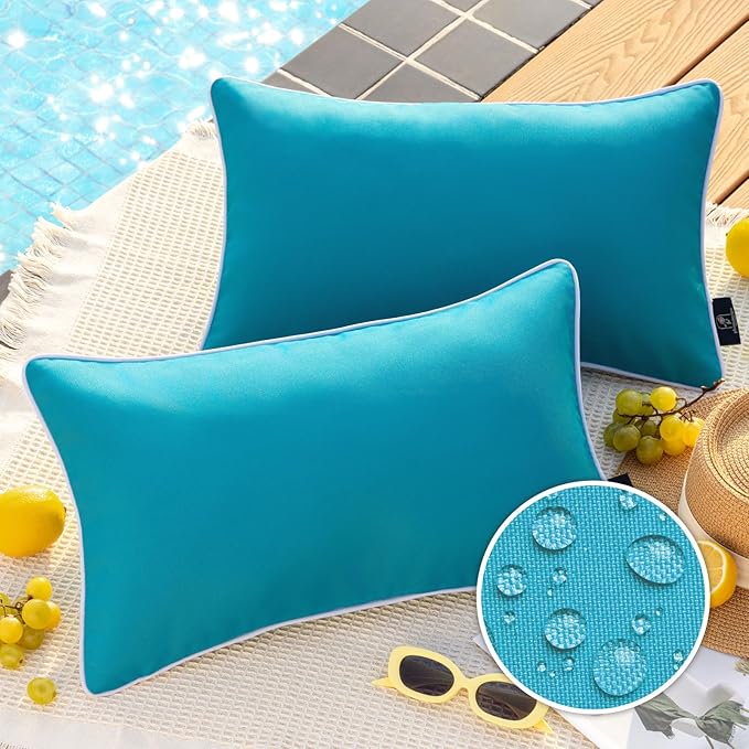Phantoscope Pack of 2 Outdoor Waterproof Solid Throw Decorative Pillow Cover Decorative Square Outdoor Pillows Cushion Case Patio Pillows for Couch Tent, Teal Blue 12x20 inches 30x50 cm