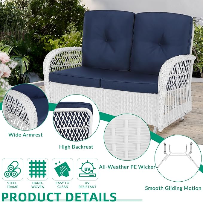 VIVIJASON 4-Piece Outdoor Patio White Wicker Conversation Sets, All Weather Outdoor Rattan Furniture Set Includes Glider Loveseat, Coffee Table, 2 Rocking Chairs with Cushions for Backyard, Navy Blue