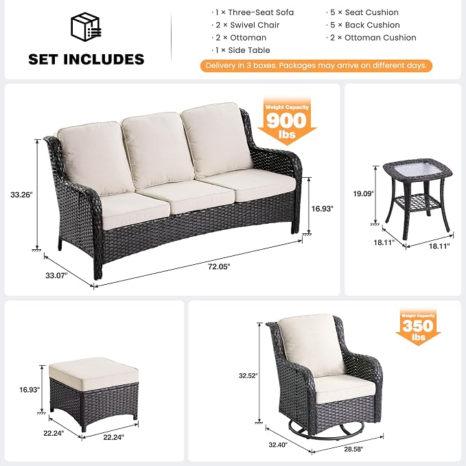 ovios 6-Piece Patio Furniture Set with Swivel Chairs Side Table, Outdoor Wicker Sofa with Comfy Cushions, High Back Couch Modern Conversation Sets, Brown/Beige