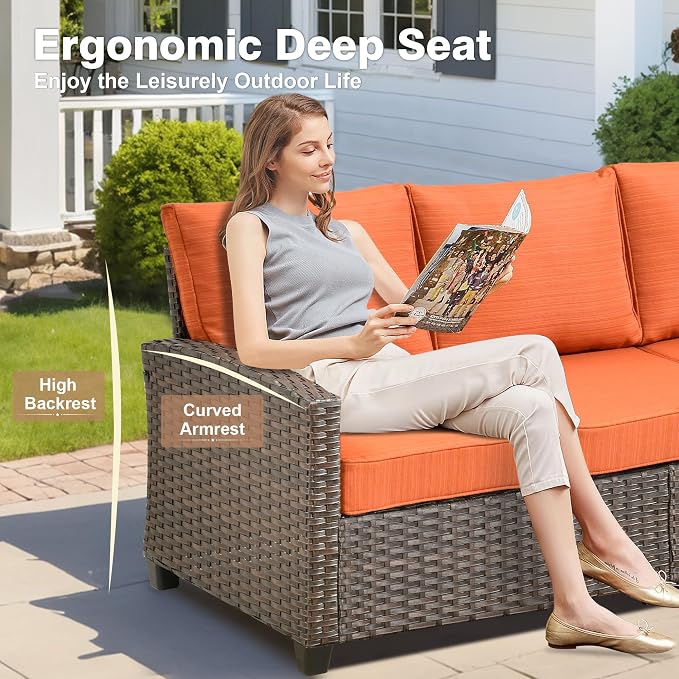 ovios 7 Pieces Patio Furniture Set, Outdoor Wicker Sofa Couch with 4 Chairs Comfy Cushions, All Weather Brown Rattan Conversation Set for Backyard Deck Porch, Orange Red