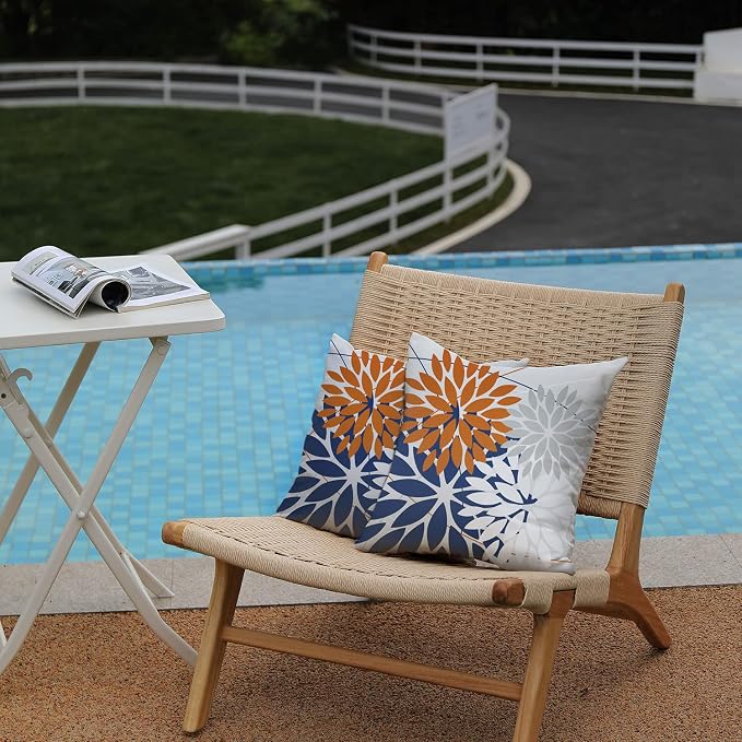 DFXSZ Pack of 2 Outdoor Waterproof Throw Pillow Covers 16x16 Orange Blue | Polyester Spring Summer Fall Floral Decorative Cushion Cases(NO INSERT),For Couch Patio Funiture Garden Home Decor