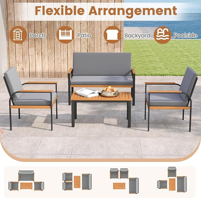 Tangkula 4 Pieces Patio Furniture Set, Outdoor Conversation Set with Acacia Wood Coffee Table, Cushioned Loveseat & 2 Single Armrest Chairs, for Porch, Garden, Backyard, Poolside