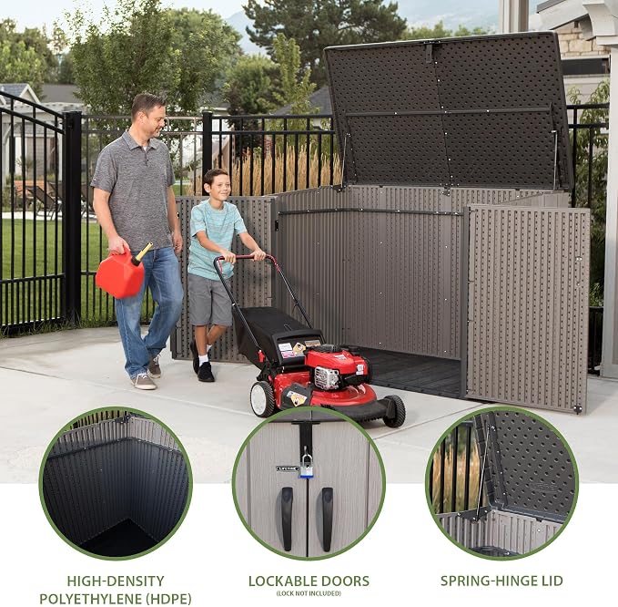 LIFETIME Horizontal Outdoor Storage Shed, Weather Resistant Resin Storage Can Fit Two Large Garbage Cans, Lockable Doors, Spring‑Hinge Lid, Low‑Maintenance Backyard Utility Shed
