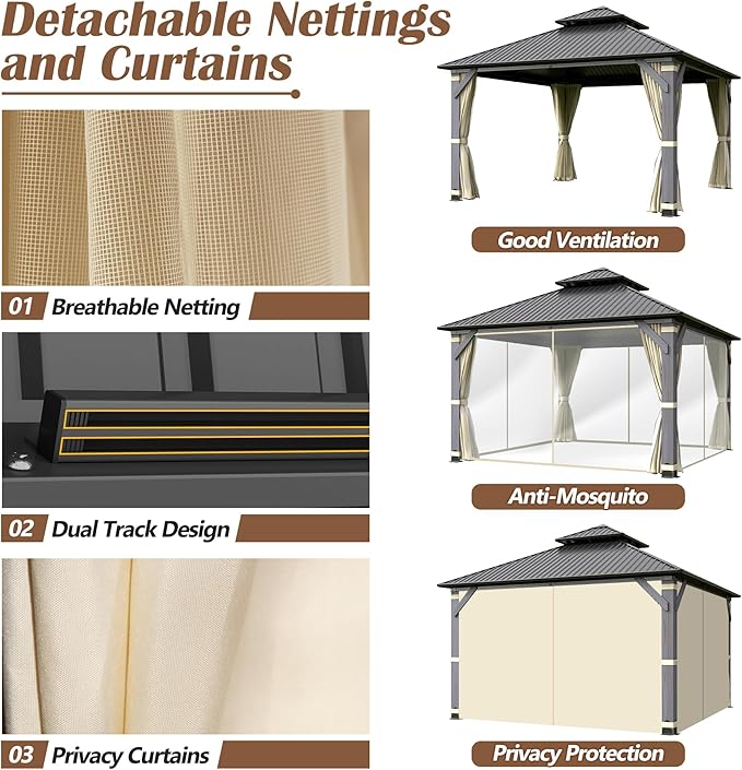 12' x12' Wood Gazebo, Outdoor Hardtop Gazebo with Wood Posts and Galvanized Steel Doule Roof, Wooden Frame Gazebos with Netting and Curtains for Patio Backyard Deck Garden