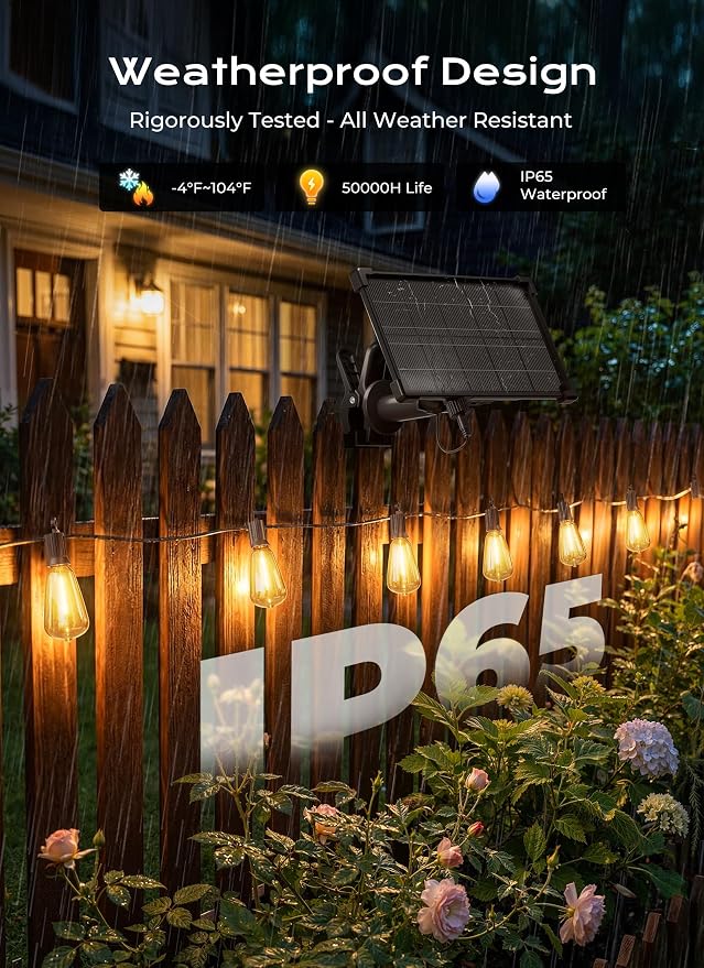 Brightown 202FT Solar String Lights Outdoor Waterproof, 26Hrs Runtime | 65+2 LED Bulbs, USB & Solar Powered, Remote Control & Dimmable Timer, Ideal for Backyard, Garden, Camping & Party Decor