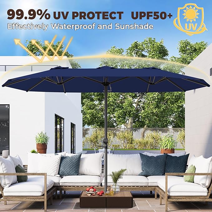 GDPFN 13FT Large Patio Umbrella, Outdoor Deck Standing Umbrella with Crank Handle, Double-Side Rectangular Pool Umbrella for Outside, Market, Patio, Navy Blue (Base Not Include)