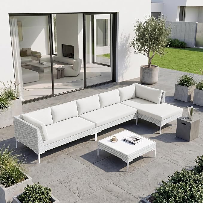 Luxury Patio Furniture Set 6 Seater Large Modular L-Shaped Outdoor Sectional with Thick Cushion & Deep Seat Oversized White Wicker Patio Conversation Sets for Backyard, Deck