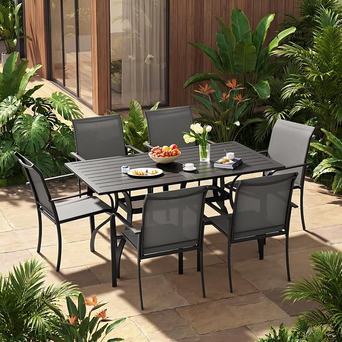 Incbruce 7 Pieces Outdoor Dining Set, Patio Metal Dining Set of 6 Textilene Chairs and Rectangle Table with Umbrella Hole for Lawn, Garden, Porch and Backyard (Grey)