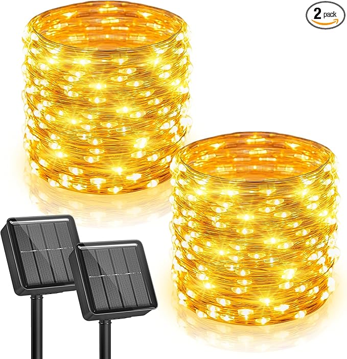 Minetom Solar Fairy Lights, 2 Pack Total 66 FT 200 LED Solar String Lights | IP65 Waterproof Twinkles Lights with 8 Modes, Christmas Lights Outdoor for Patio Party Garden Yard Tree Decor (Warm White)