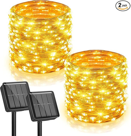 Minetom Solar Fairy Lights, 2 Pack Total 66 FT 200 LED Solar String Lights | IP65 Waterproof Twinkles Lights with 8 Modes, Christmas Lights Outdoor for Patio Party Garden Yard Tree Decor (Warm White)