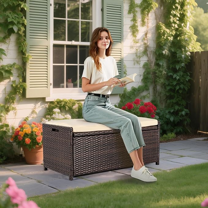 Tappio Deck Box Outdoor Storage Box Bench, PE Rattan Storage Bin with Built-in Handle and Beige Cushion for Pool and Garden Accessories